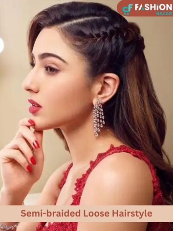 Sara Ali Khan With Semi braided Loose Hairstyle in Lehenga