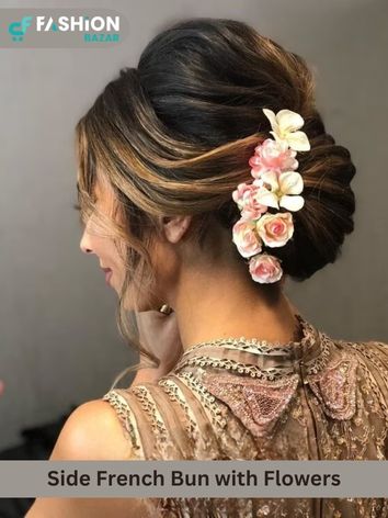 Side French Bun with Flowers in Lehenga