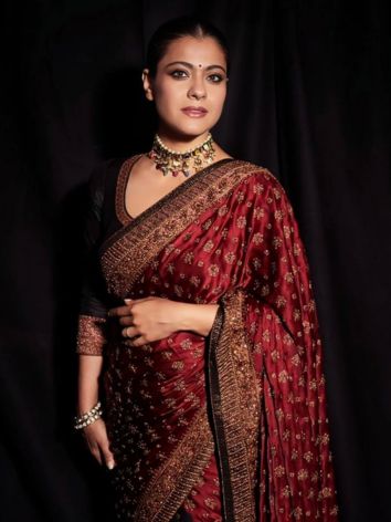 Kajol’s Red Velvet Saree with Black velvet Blouse