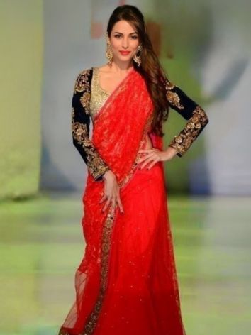 Malaika Arora in Red Net Sarees and Designer Black Blouse