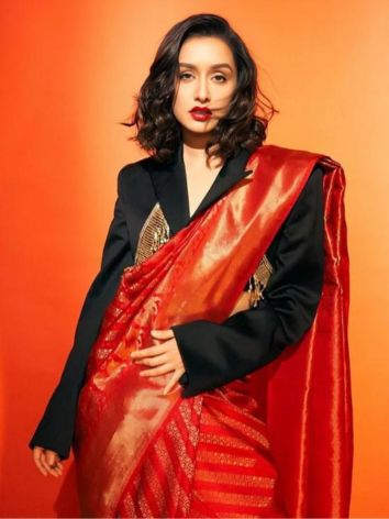 Shraddha Kapoor in Red Silk Saree and Black Shirt Style Blouse