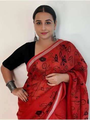 Vidya Balan’s Red Hand Printed Linen Saree with Plunge Neck Black Blouse