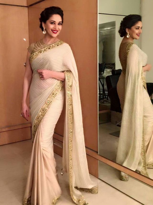 Madhuri Dixit Nene in Cream Color Sarees