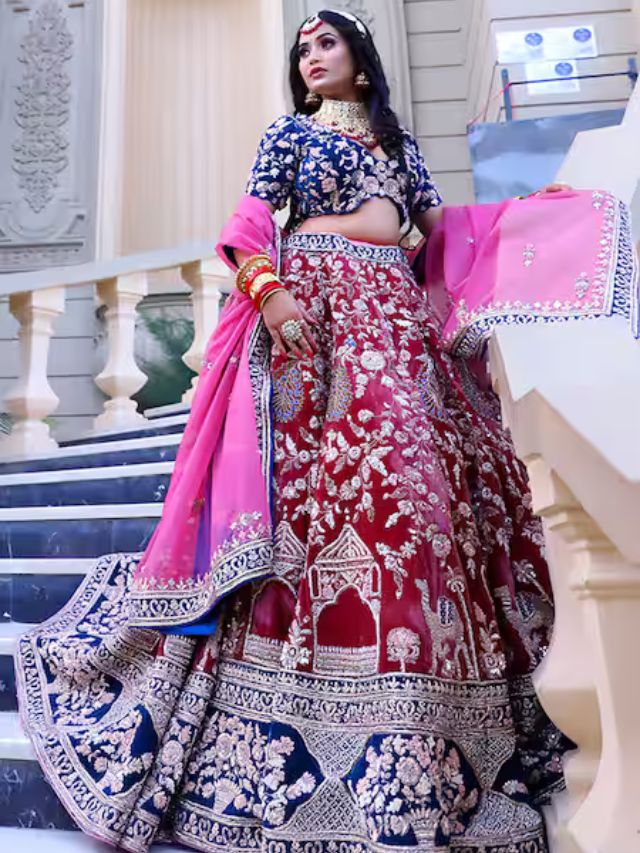 Simple contrast embroidery bridal lehenga online images