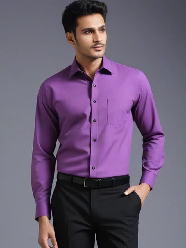 A Men in Black Trousers with Lavender or Lilac Shirt for office