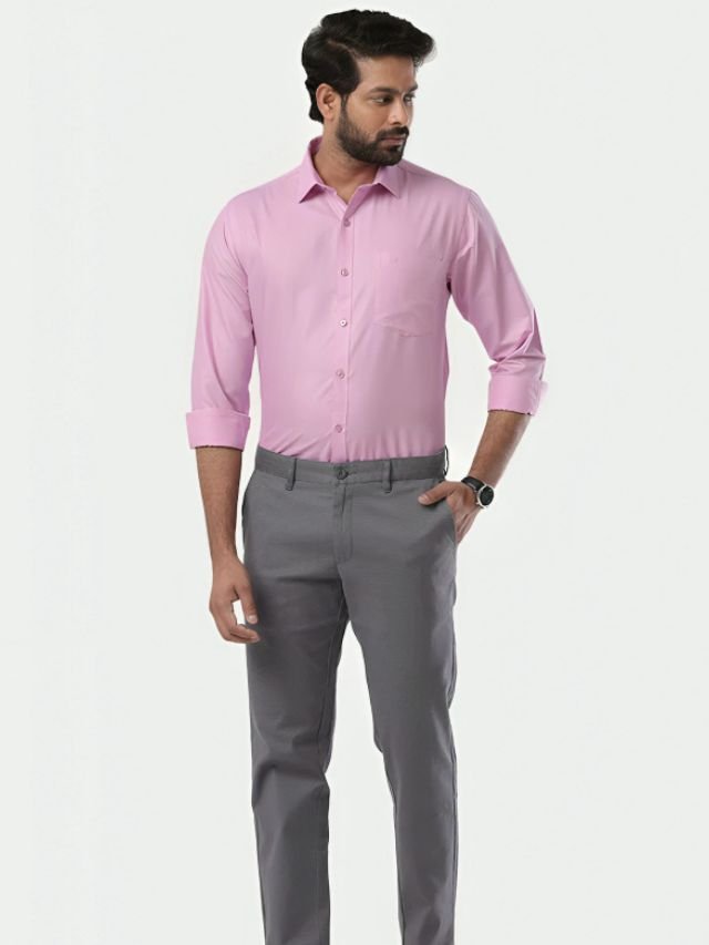 A Men in Pink Shirt with Grey Pants for office