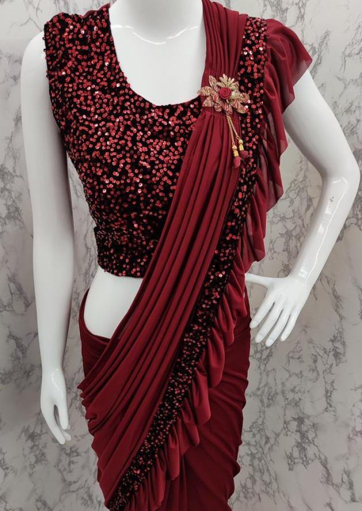 Party Wear Sarees : Red georgette ruffle border partywear