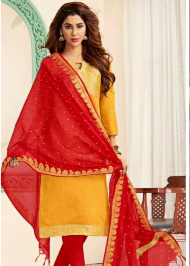 Red and Yellow Combination Pure Cotton Suits with Cotton Dupatta