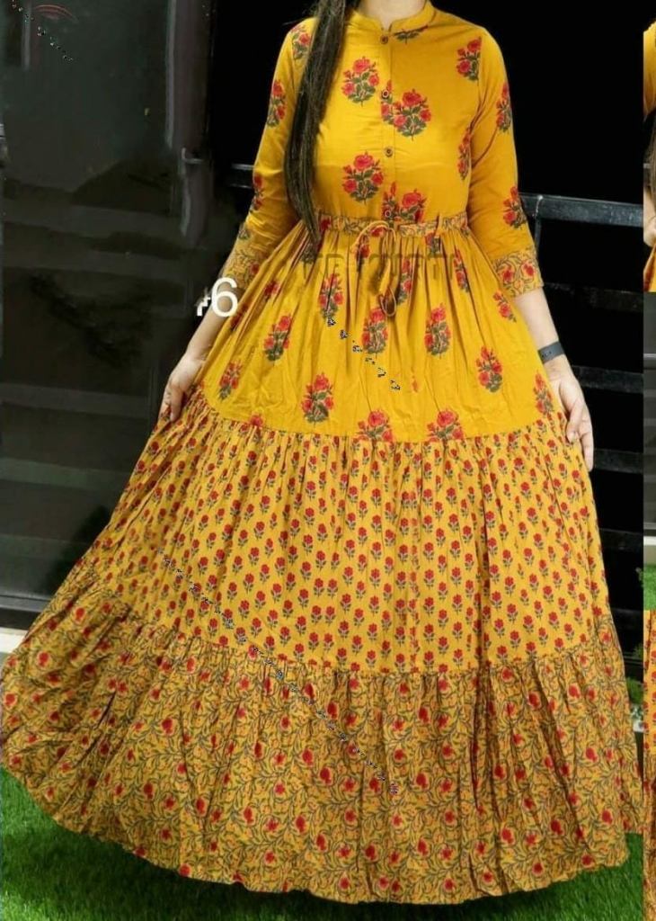 Mehendi Color Floral Printed Soft Cotton Gown – garment villa
