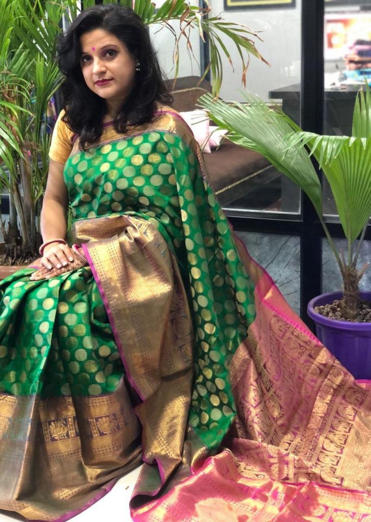 Blooming Dark Green Banarasi Silk Saree With Ethnic Blouse P