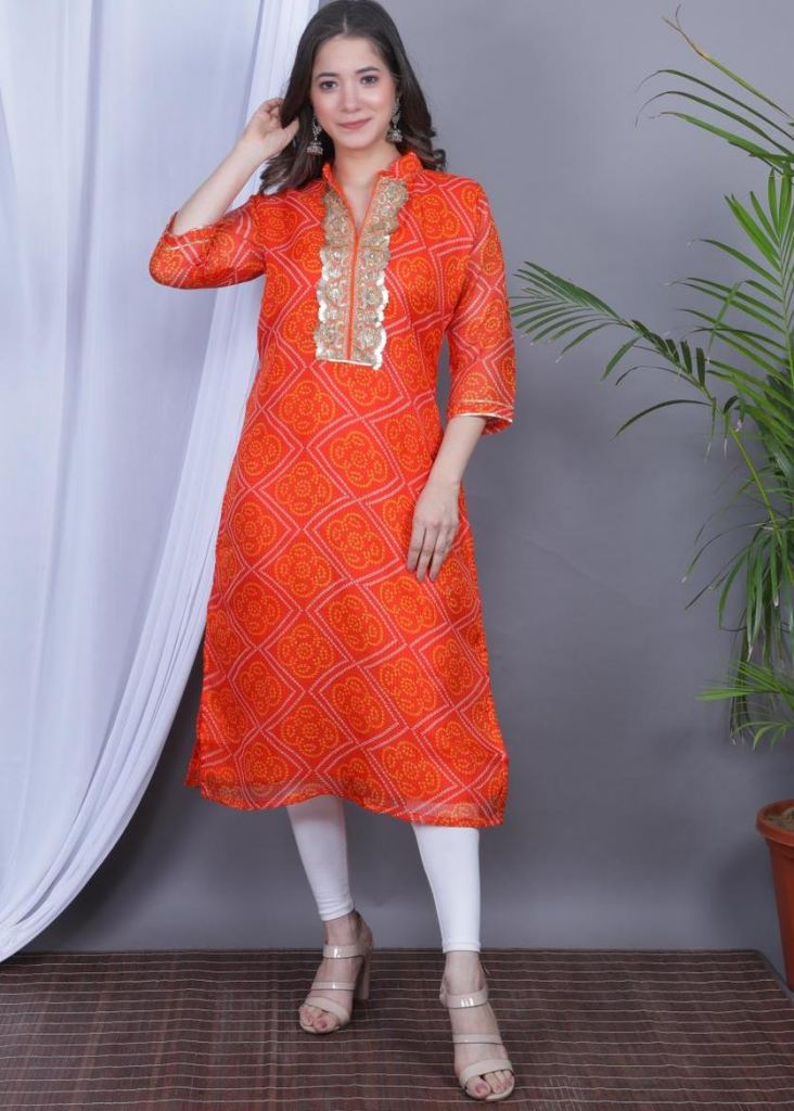 Orange handloom cotton kurti with stripes and embroidery