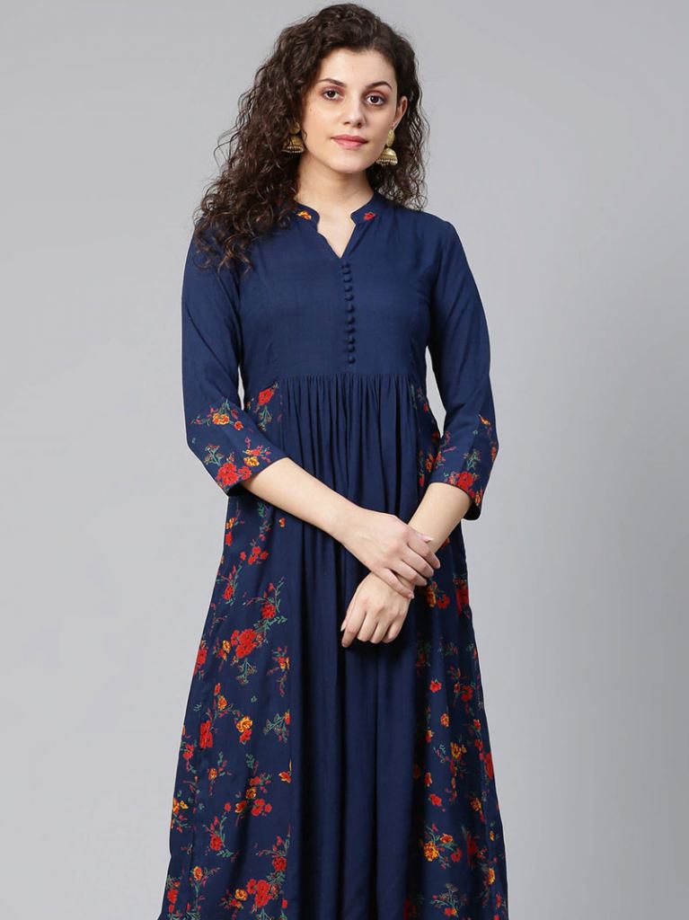 65% OFF on Jaipur Kurti Women Navy Blue Printed A-Line Kurta on Myntra |  PaisaWapas.com