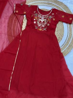 3.8 Flair Heavy Georgette Gown With Four Side Border Dupatta