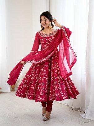 4 5 meter Flair Heavy Faux Georgette Gown With Embroidery Sequence Work Dupatta