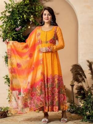 4 Meter Flair Digital Printed Orgenza Gown With Bottom And Dupatta