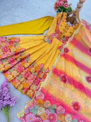 4 Meter Flair Digital Printed Orgenza Gown With Bottom And Dupatta
