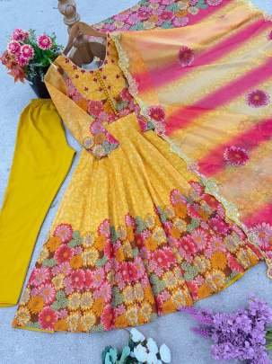 4 Meter Flair Digital Printed Orgenza Gown With Bottom And Dupatta