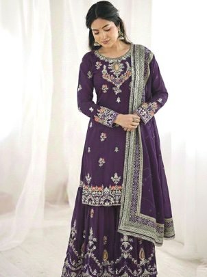 5 mm Embroidery  Work  Purple  Colour  Sharara  Suit