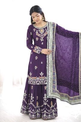 5 mm Embroidery  Work  Purple  Colour  Sharara  Suit