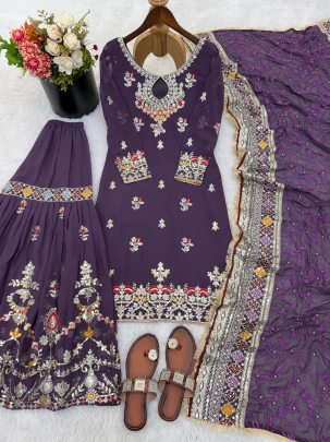 5 mm Embroidery  Work  Purple  Colour  Sharara  Suit
