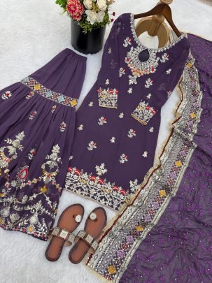 5 mm Embroidery  Work  Purple  Colour  Sharara  Suit