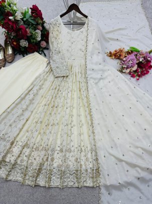 5 Mm Sequences Work Cream Colour  Anarkali  Suit