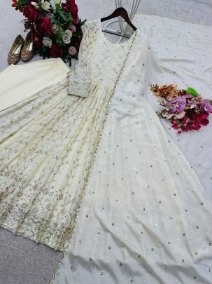 5 Mm Sequences Work Cream Colour  Anarkali  Suit