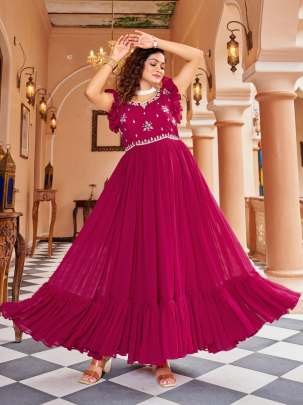 6 Meter Flair Georgette Faux Blooming Gown With Fancy Round Neck And Back