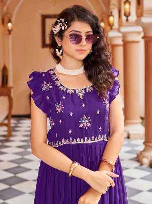 6 Meter Flair purple Georgette Faux Blooming Gown With Embroidery Work