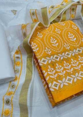 Attractive Fancy Lown Cotton With Embroidery Work Dress Material In Yellow salwar suits