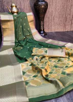 Attractive  Pure Chanderi Cotton Saree In Green cotton sarees