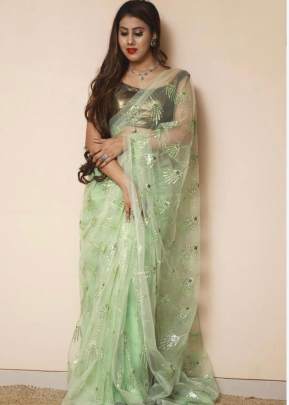 Attractive Soft Net Pista Color Saree With  Silver Siequance Work Ahana-3 Net Saree