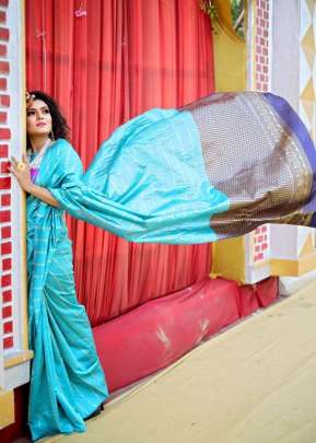 Avira Presenting Elegant Feroze blue line Organic pure lichi silk Banarasi Sarees designer sarees