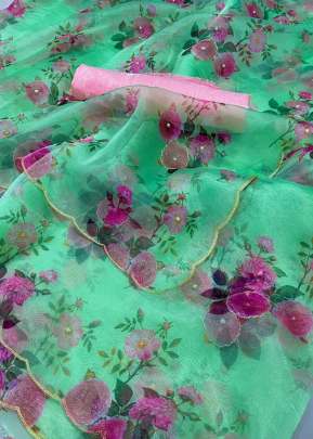 Beautiful Digital Printed Green Color Soft Organza Saree With Handwork  organza saree