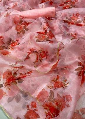 Beautiful Digital Printed Peach Color Soft Organza Saree With Handwork  organza saree
