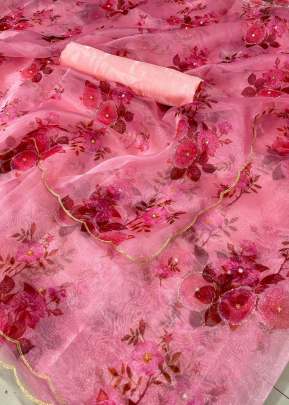 Beautiful Digital Printed Pink Color Soft Organza Saree With Handwork  organza saree