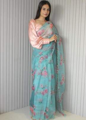 Beautiful Digital Printed Sky Blue Color Soft Organza Saree With Handwork  organza saree