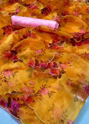 Beautiful Digital Printed Yellow Color Soft Organza Saree With Handwork  Sarees