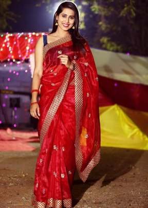Beautiful Organza With Embroidery Work Saree In Red