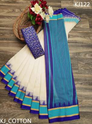 Beautiful Soft Cotton Silk Saree In White And Sky Blue cotton sarees