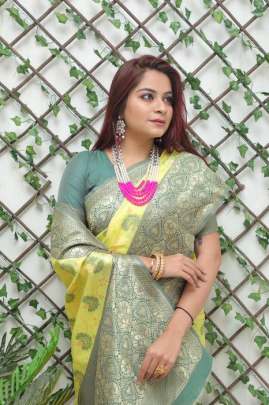 Beautiful lemon color Silk with elegant Green Jacquard jari border Saree designer sarees