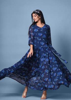 Classic Georgette With Digital Printed In Beautiful Flower design Gown In Navy Blue Gown