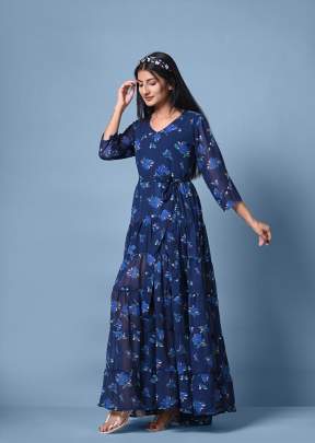 Classic Georgette With Digital Printed In Beautiful Flower design Gown In Navy Blue Gown