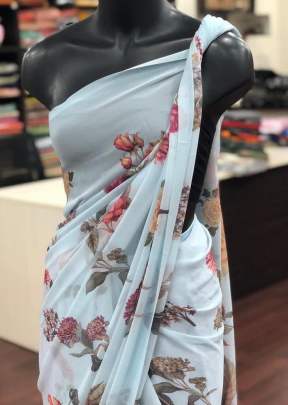 Classic Smooth Gorgette with Digital Print In Light Blue Daily Wear Saree