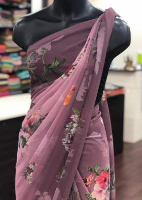 Classic Smooth Gorgette with Digital Print In Dark Pink Georgette Sarees