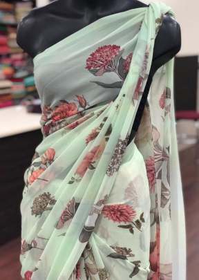 Classic Smooth Gorgette with Digital Print In Light Green Daily Wear Saree