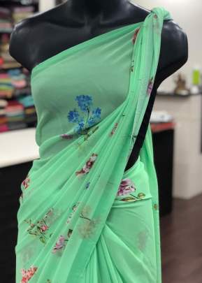 Classic Smooth Gorgette with Digital Print In  Light Green Daily Wear Saree