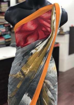 Classic Smooth Gorgette with Digital Print In Grey and Orange Daily Wear Saree