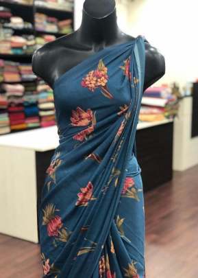 Classic Smooth Gorgette with Digital Print In Ocean Blue Georgette Sarees