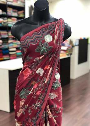 Classic Smooth Gorgette with Digital Print In Red Daily Wear Saree